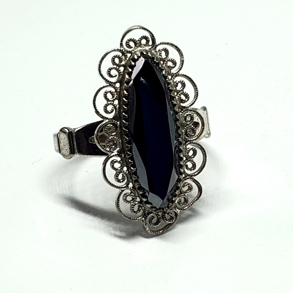Vintage Sterling Silver Filigree Long Faceted Hematite Ring